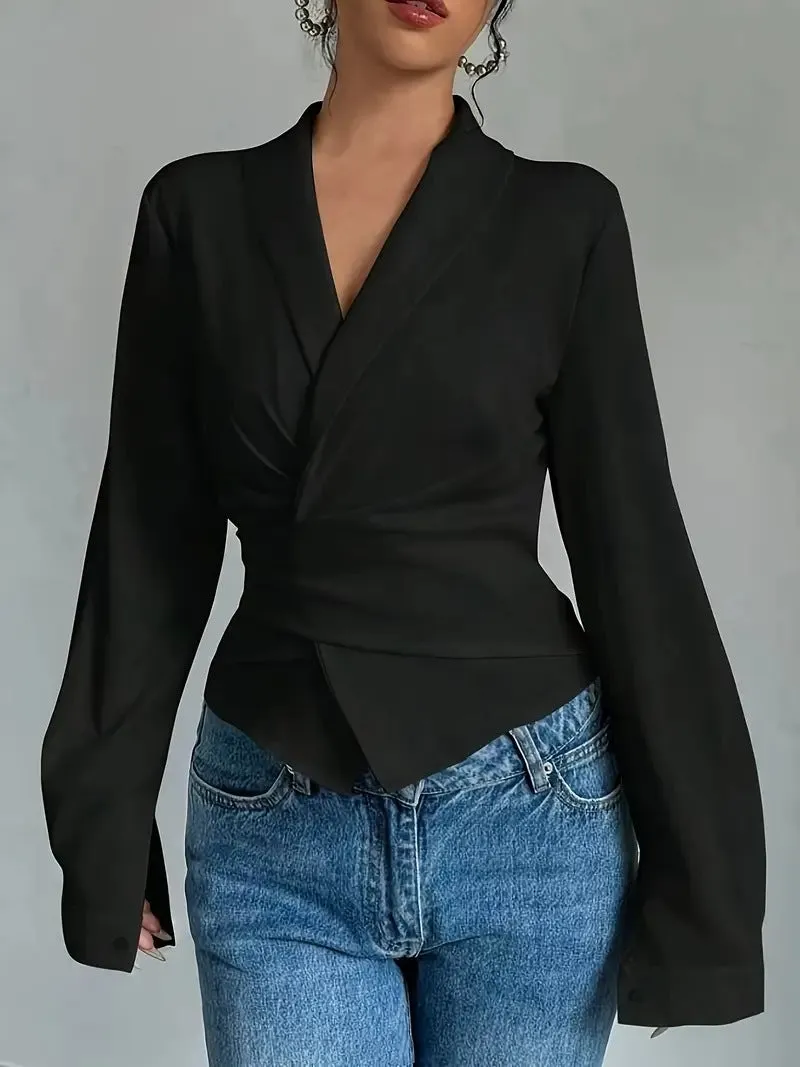 Sleek Solid Color Lace-Up Turndown Collar Long Sleeve Blouse
