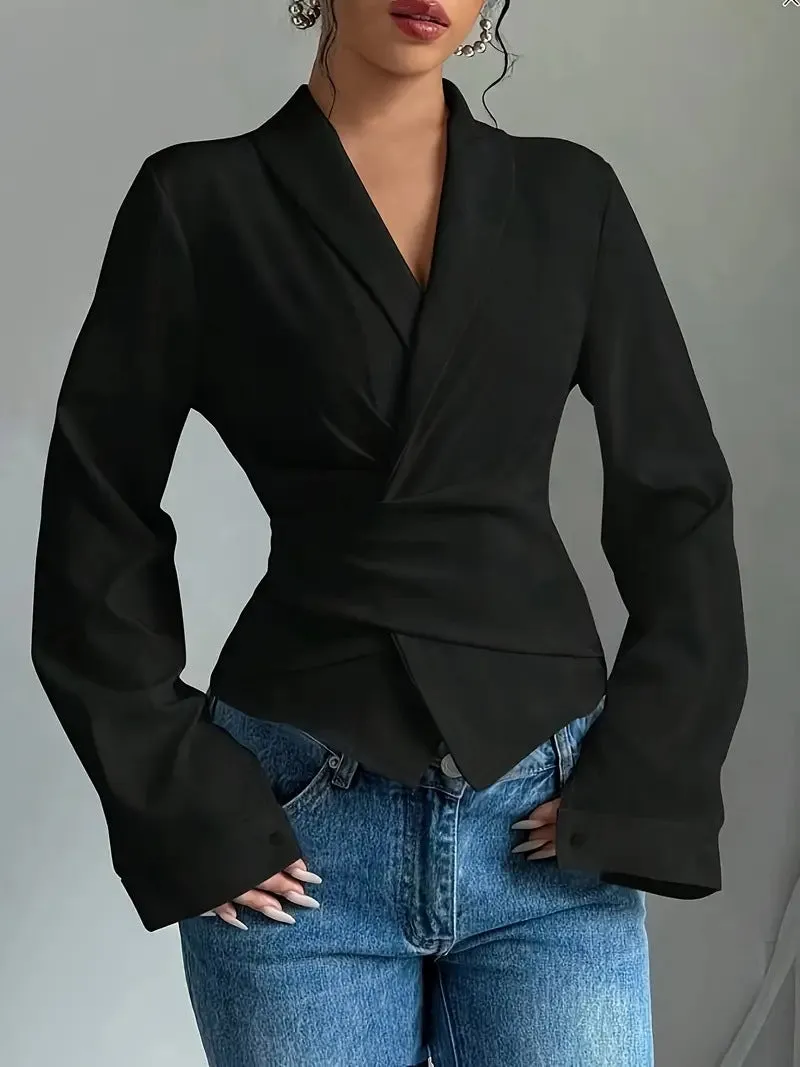 Sleek Solid Color Lace-Up Turndown Collar Long Sleeve Blouse