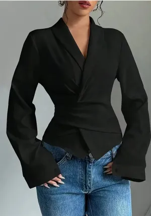 Sleek Solid Color Lace-Up Turndown Collar Long Sleeve Blouse