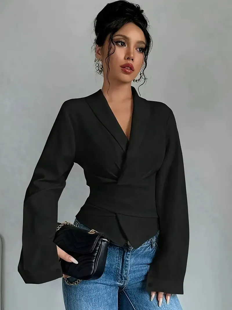 Sleek Solid Color Lace-Up Turndown Collar Long Sleeve Blouse