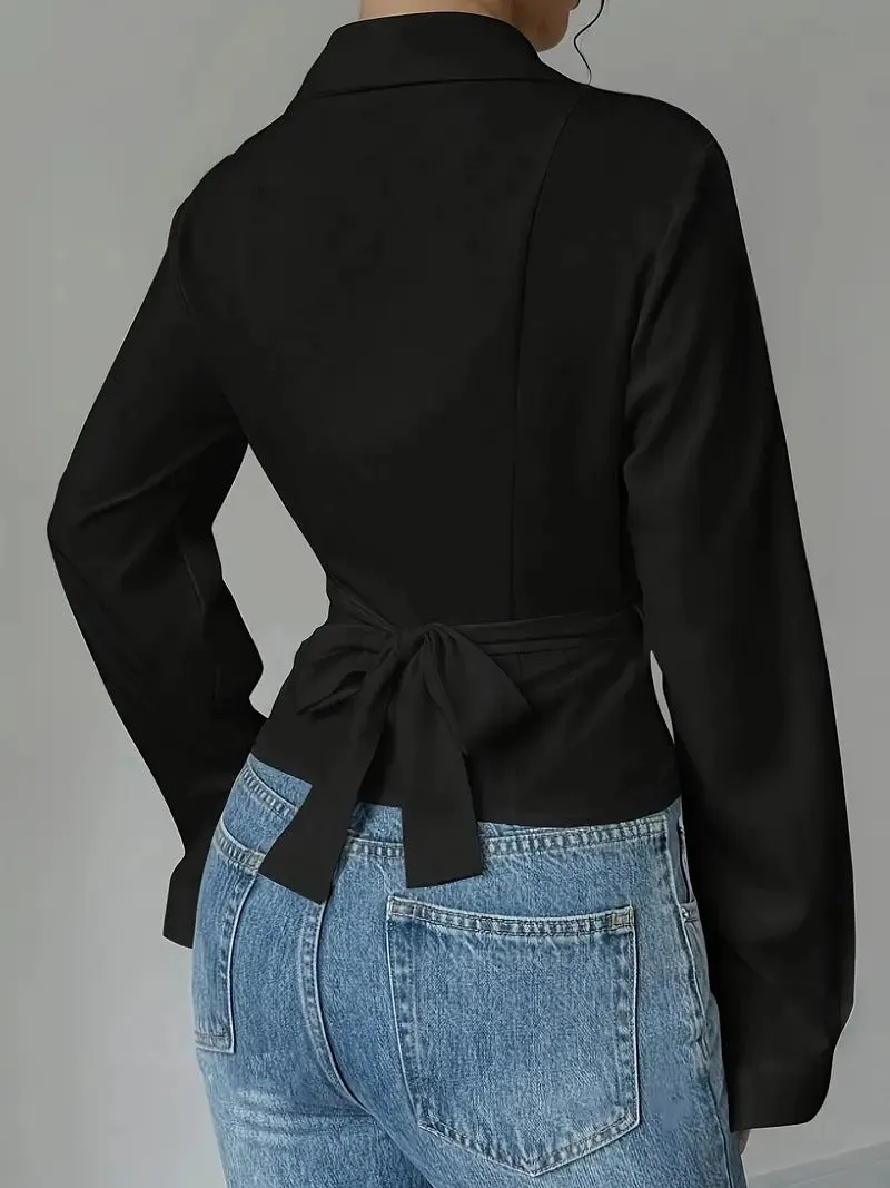 Sleek Solid Color Lace-Up Turndown Collar Long Sleeve Blouse