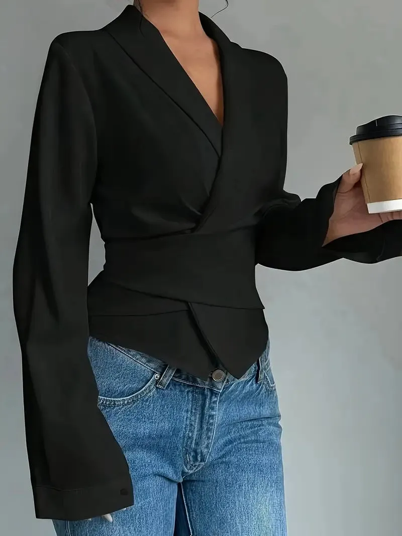 Sleek Solid Color Lace-Up Turndown Collar Long Sleeve Blouse