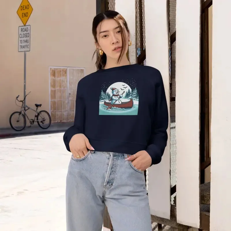Snowman Canoe Winter Wonderland Cropped Fleece