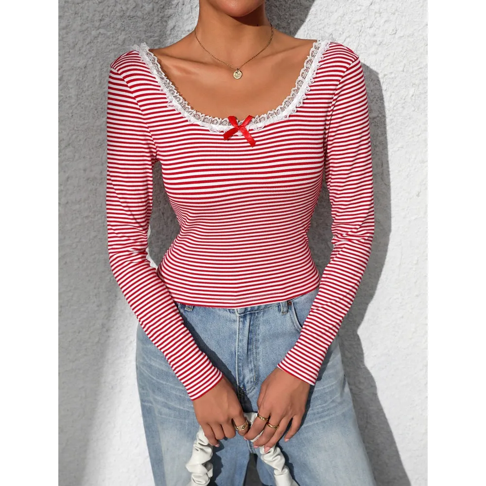 Striped Lace Trimmed Long Sleeve Cropped Tee with Bow Detail