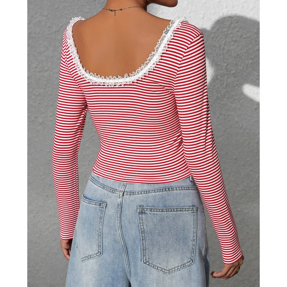 Striped Lace Trimmed Long Sleeve Cropped Tee with Bow Detail