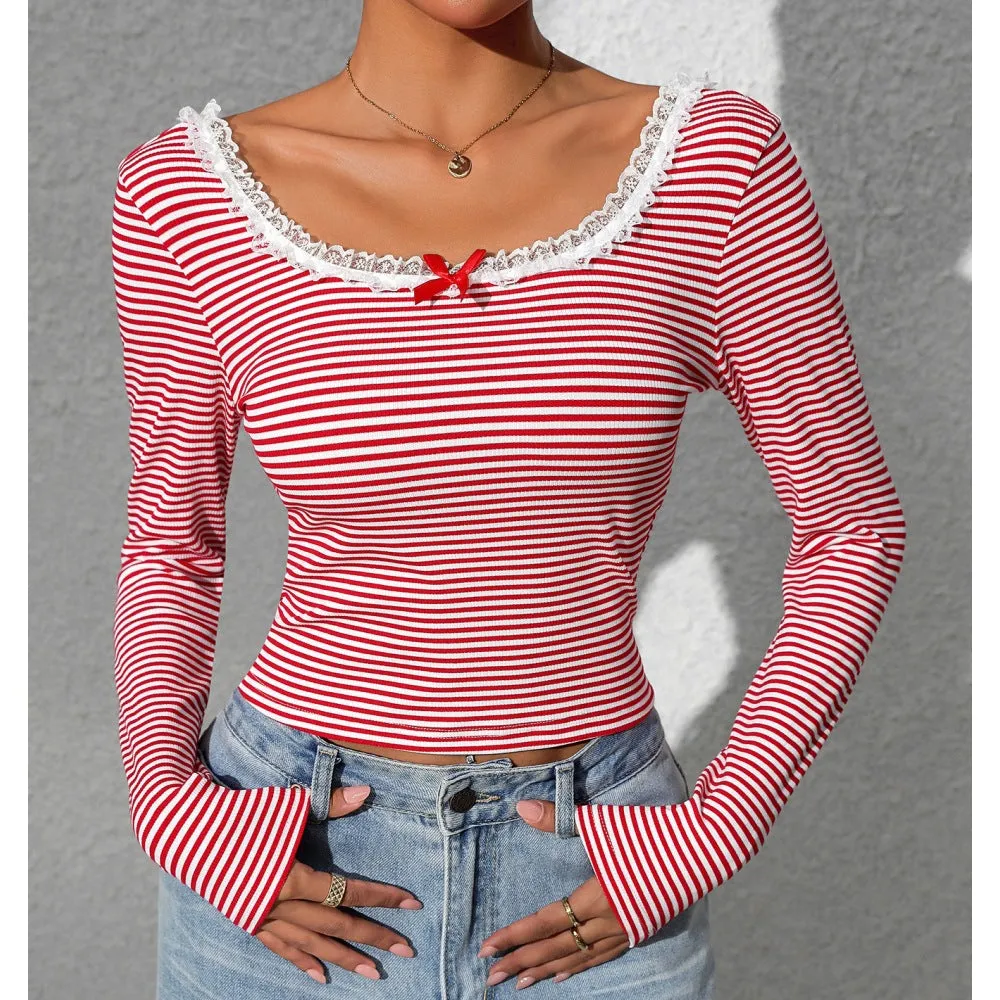 Striped Lace Trimmed Long Sleeve Cropped Tee with Bow Detail