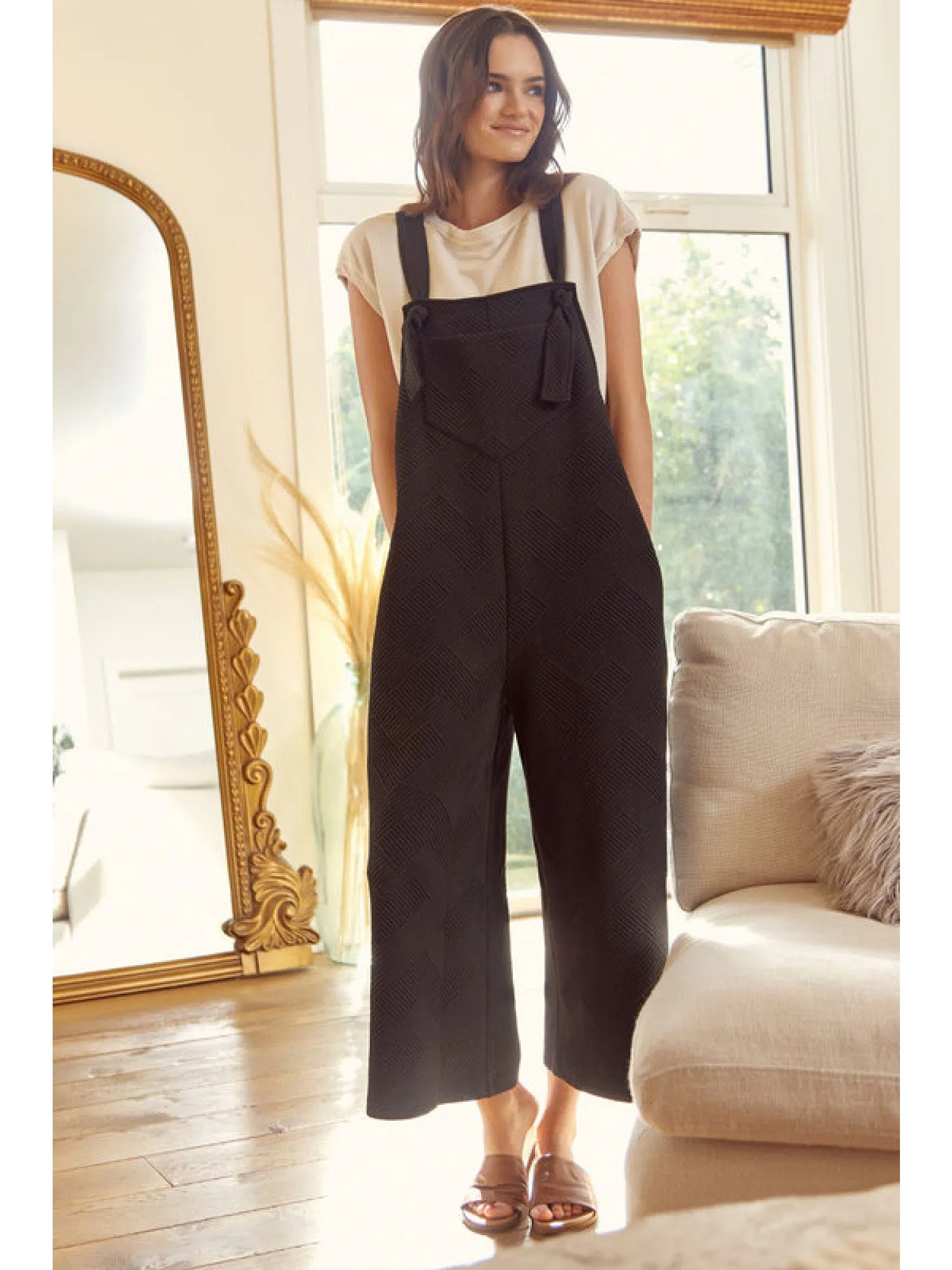 Textured Wide Leg Overalls
