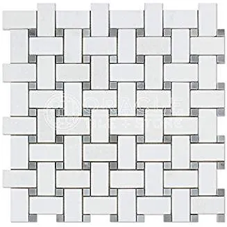 Thassos White Greek Marble Basketweave Mosaic Tile with Bardiglio Blue Gray Marble Dots, Polished