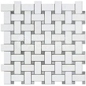 Thassos White Greek Marble Basketweave Mosaic Tile with Bardiglio Blue Gray Marble Dots, Polished