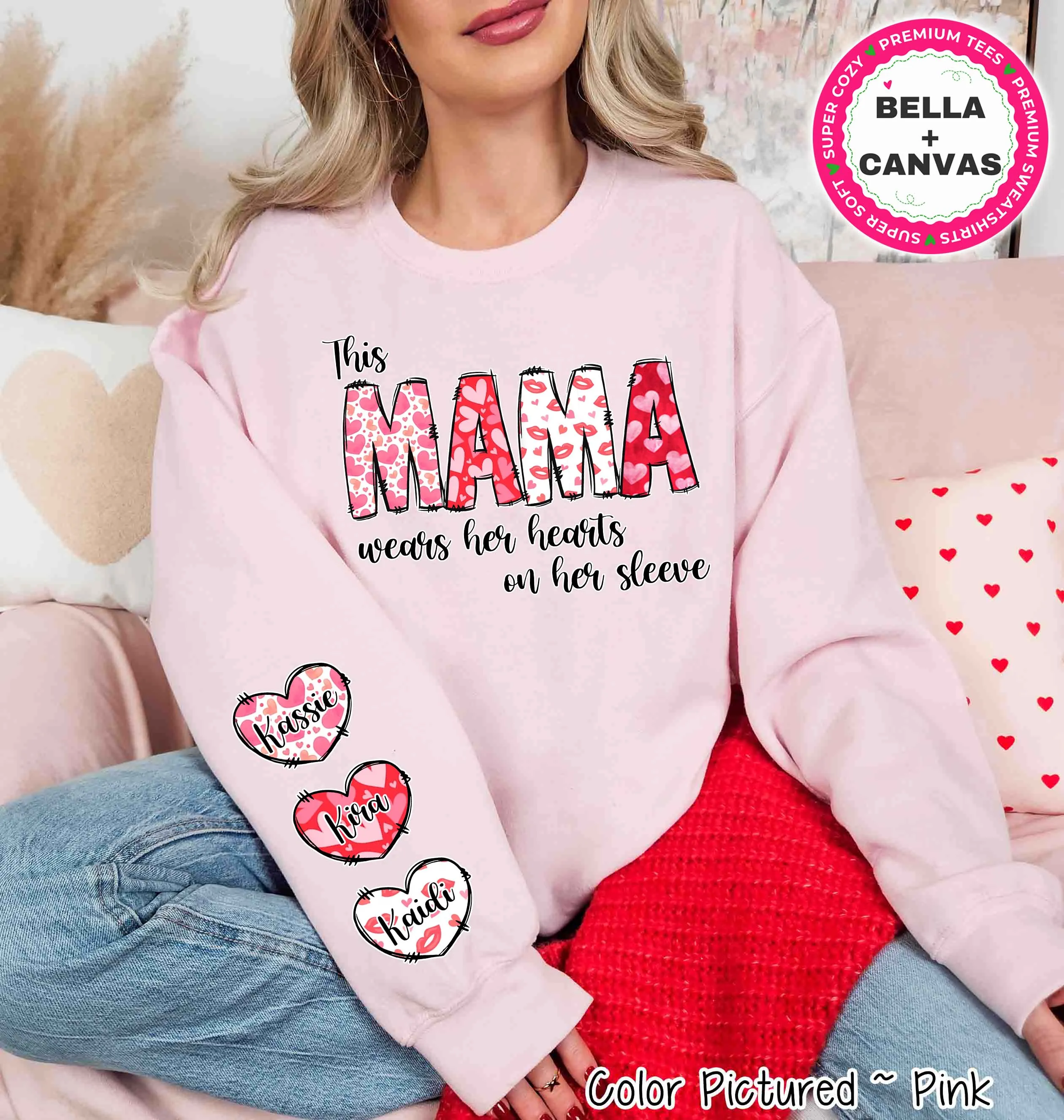 This Mama Wears Her Hearts on Her Sleeve Valentine Tee or Sweatshirt