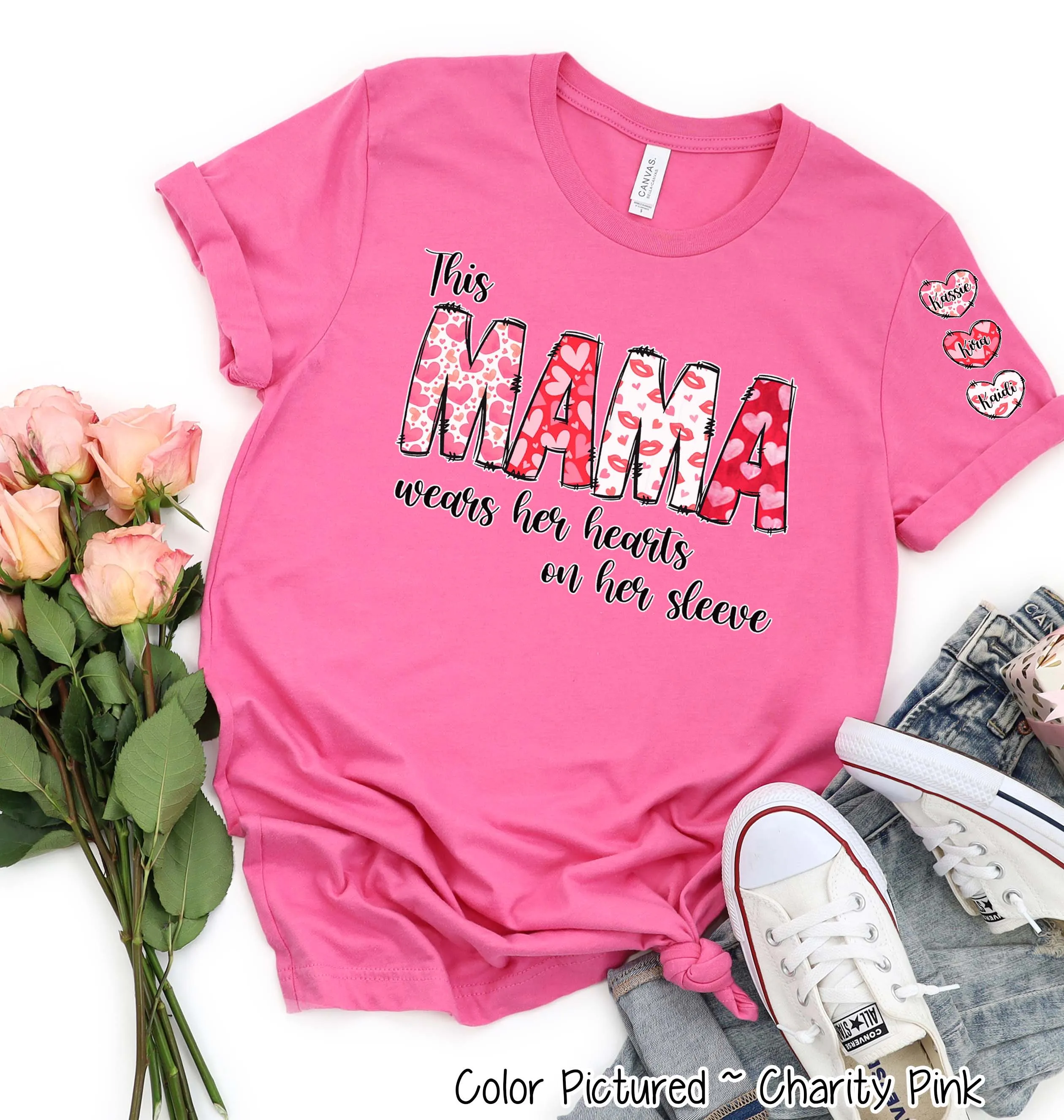 This Mama Wears Her Hearts on Her Sleeve Valentine Tee or Sweatshirt
