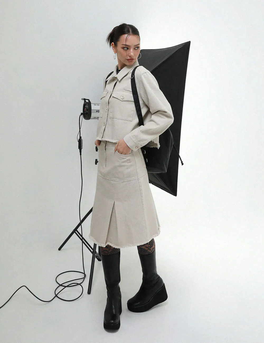 US CANVAS MIDI PLEATED SKIRT