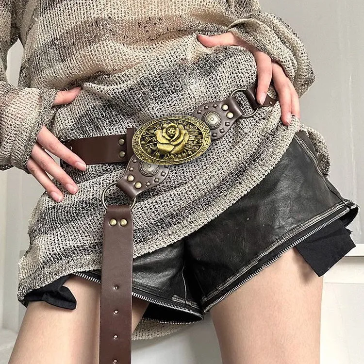 Vintage Western-Inspired Riveted Wide Belt with Ornate Buckle Design