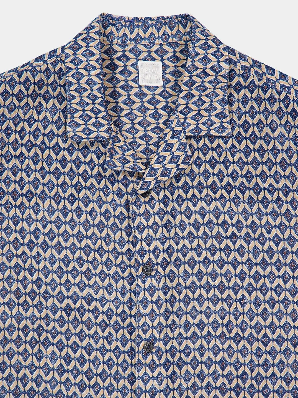 Washed Blue Print Linen Short-Sleeve Shirt