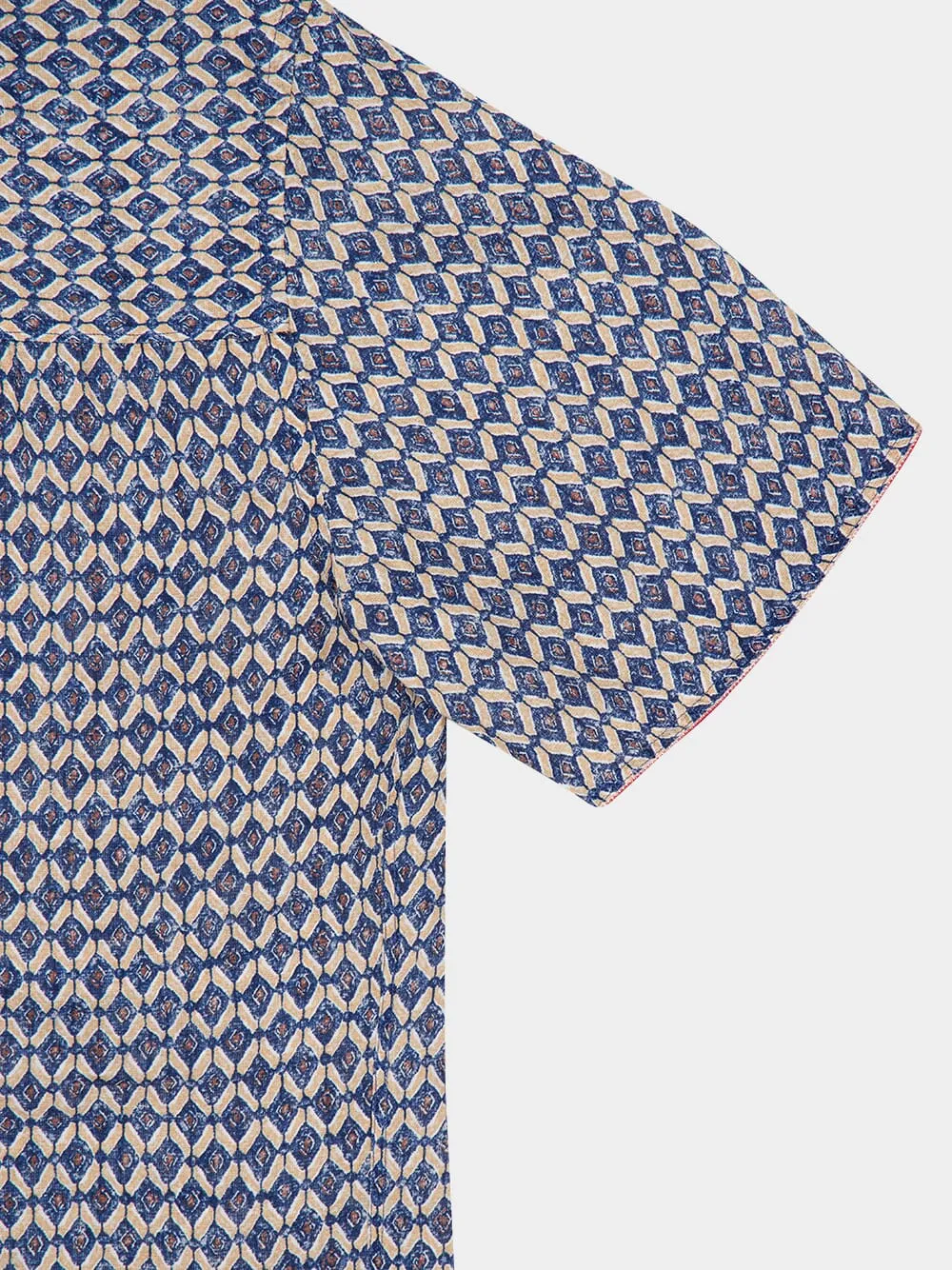 Washed Blue Print Linen Short-Sleeve Shirt
