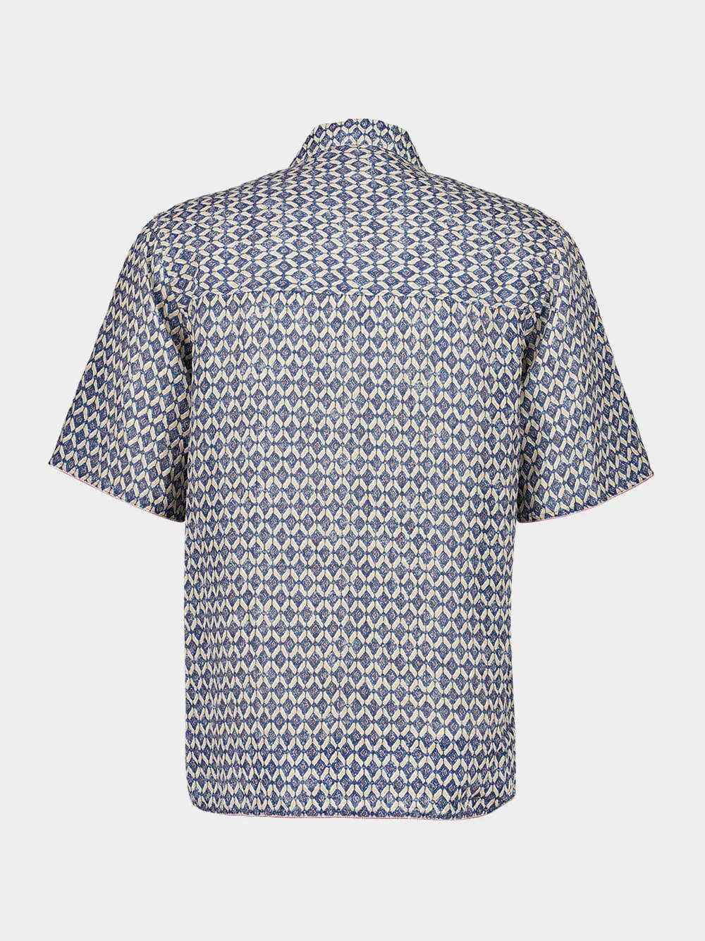 Washed Blue Print Linen Short-Sleeve Shirt