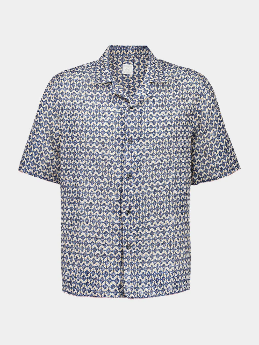 Washed Blue Print Linen Short-Sleeve Shirt