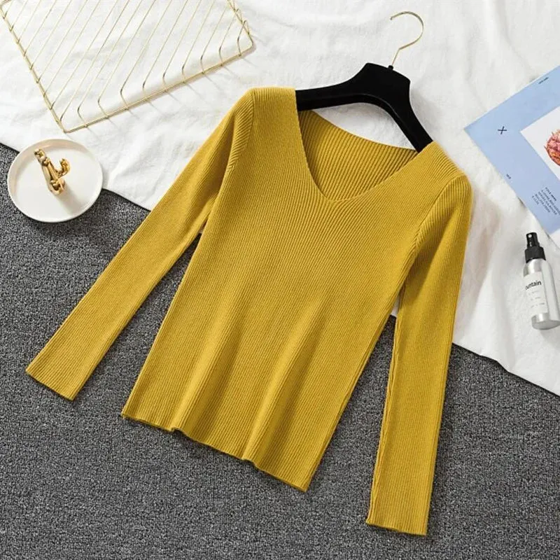 Women Sweater Long Sleeve Pullover Basic Top Fashion V-neck Elastic Female Winter Solid Knitted Jumper