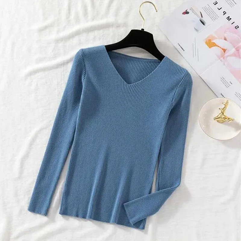 Women Sweater Long Sleeve Pullover Basic Top Fashion V-neck Elastic Female Winter Solid Knitted Jumper