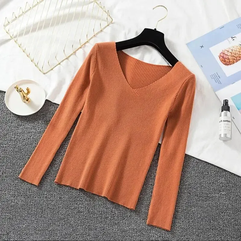 Women Sweater Long Sleeve Pullover Basic Top Fashion V-neck Elastic Female Winter Solid Knitted Jumper