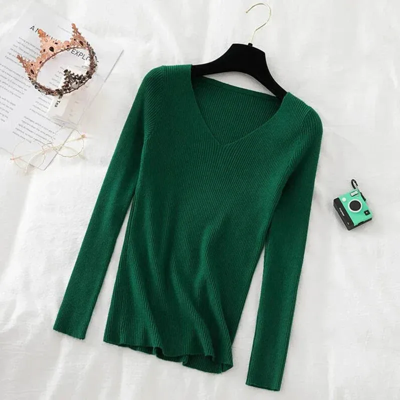 Women Sweater Long Sleeve Pullover Basic Top Fashion V-neck Elastic Female Winter Solid Knitted Jumper