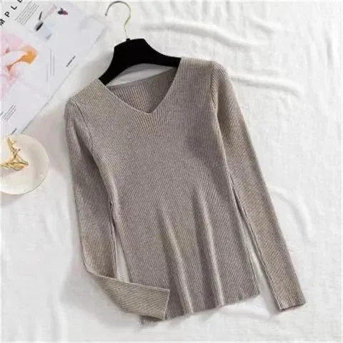 Women Sweater Long Sleeve Pullover Basic Top Fashion V-neck Elastic Female Winter Solid Knitted Jumper