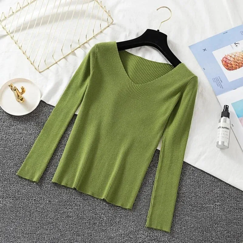 Women Sweater Long Sleeve Pullover Basic Top Fashion V-neck Elastic Female Winter Solid Knitted Jumper