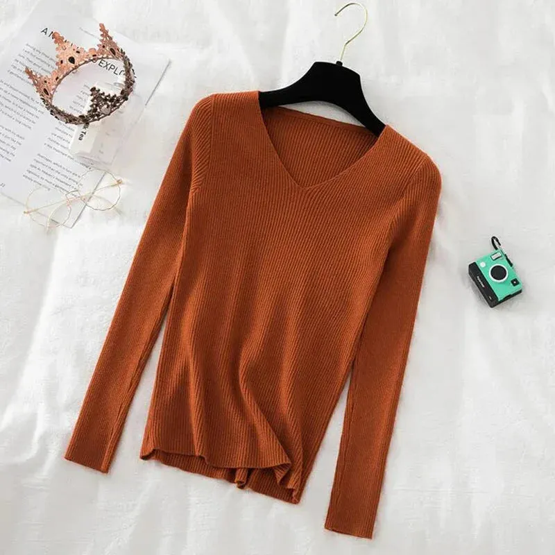 Women Sweater Long Sleeve Pullover Basic Top Fashion V-neck Elastic Female Winter Solid Knitted Jumper