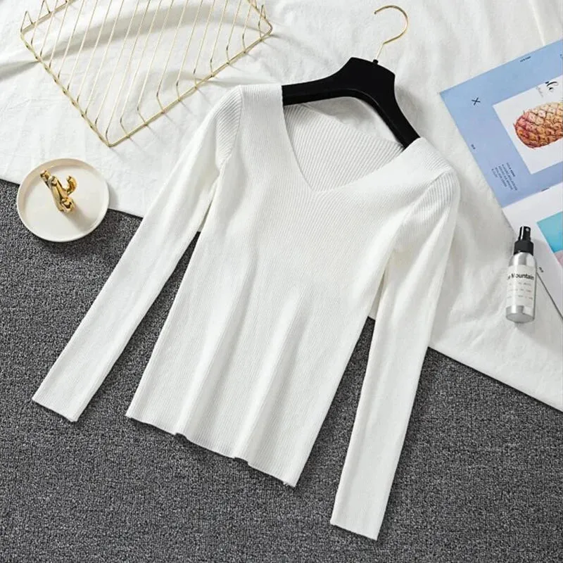 Women Sweater Long Sleeve Pullover Basic Top Fashion V-neck Elastic Female Winter Solid Knitted Jumper