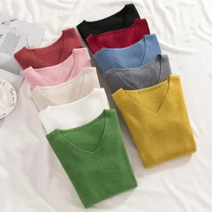 Women Sweater Long Sleeve Pullover Basic Top Fashion V-neck Elastic Female Winter Solid Knitted Jumper