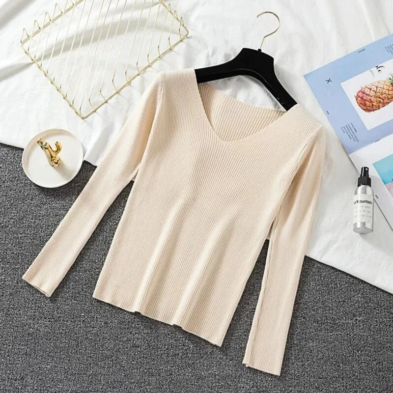 Women Sweater Long Sleeve Pullover Basic Top Fashion V-neck Elastic Female Winter Solid Knitted Jumper