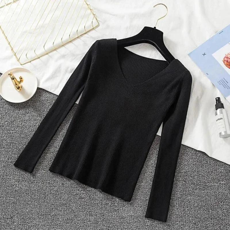 Women Sweater Long Sleeve Pullover Basic Top Fashion V-neck Elastic Female Winter Solid Knitted Jumper