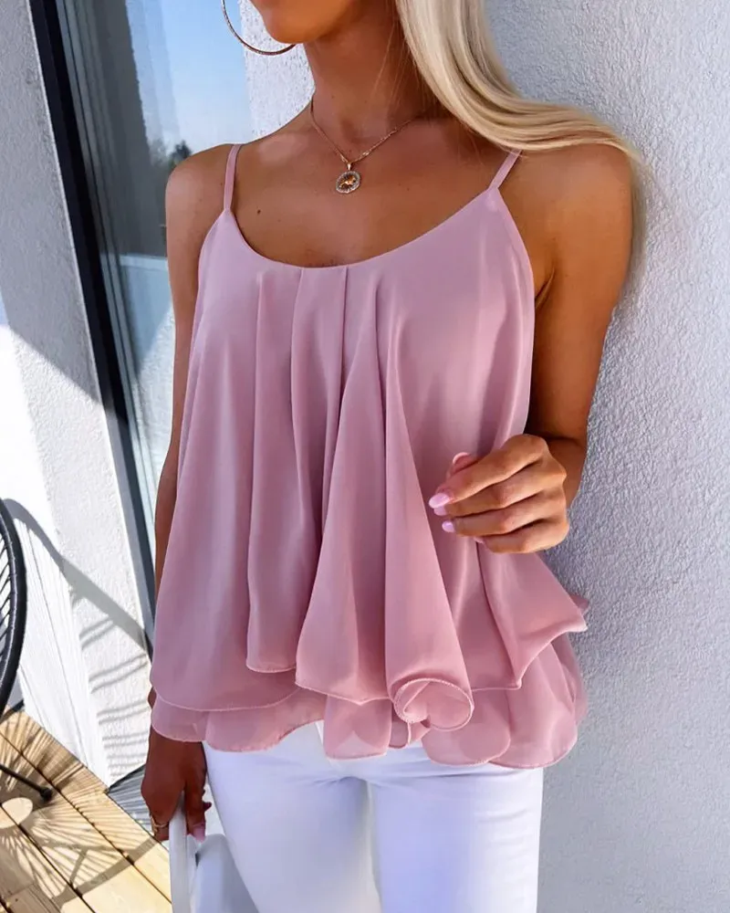 Women’s Casual Loose Chiffon Solid Color Spaghetti Strap Tank Top