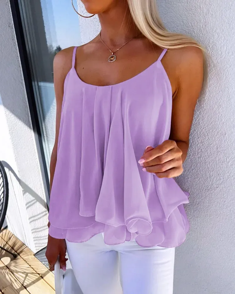 Women’s Casual Loose Chiffon Solid Color Spaghetti Strap Tank Top