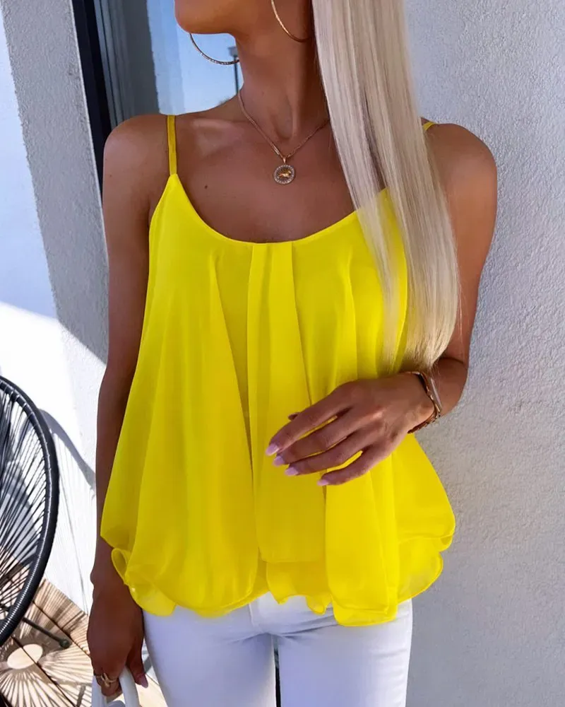 Women’s Casual Loose Chiffon Solid Color Spaghetti Strap Tank Top