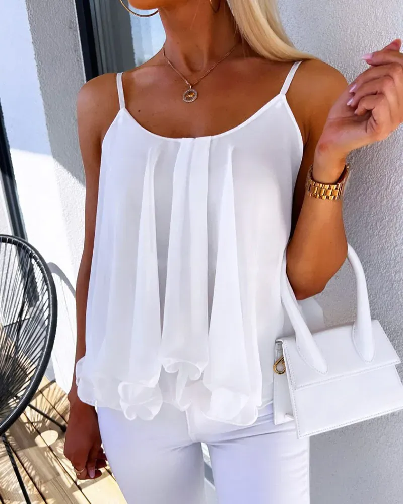 Women’s Casual Loose Chiffon Solid Color Spaghetti Strap Tank Top