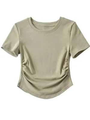 Women's Crew Neck Short Sleeve Cotton Tee With Ruched Sides New Fashion T-Shirts