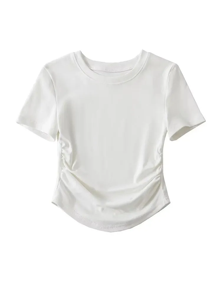 Women's Crew Neck Short Sleeve Cotton Tee With Ruched Sides New Fashion T-Shirts