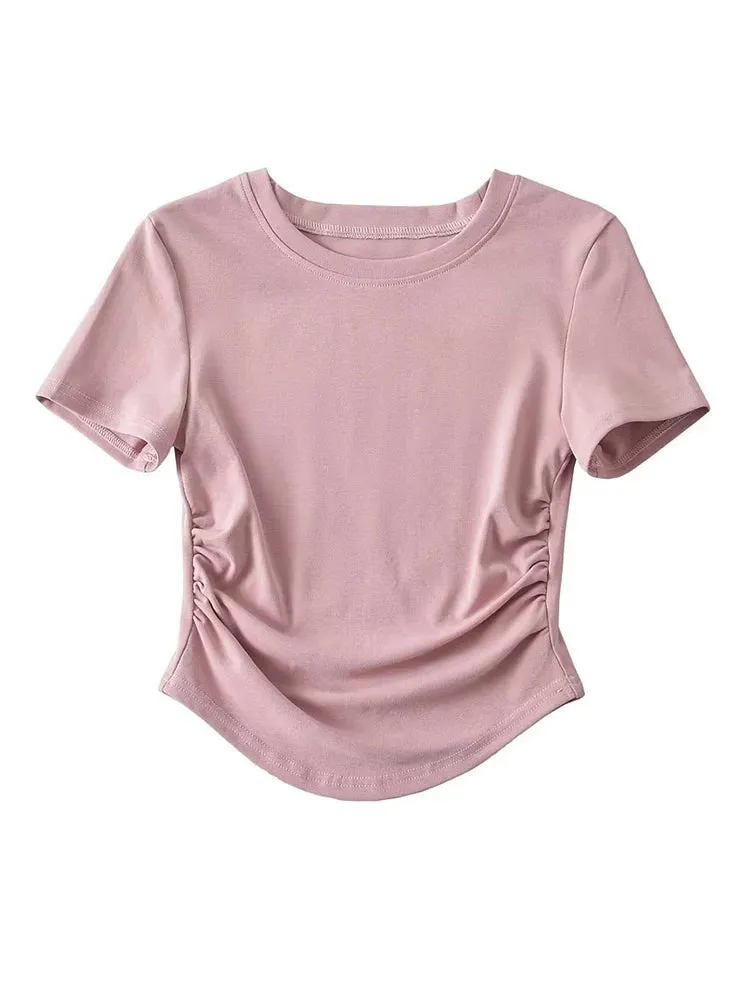 Women's Crew Neck Short Sleeve Cotton Tee With Ruched Sides New Fashion T-Shirts