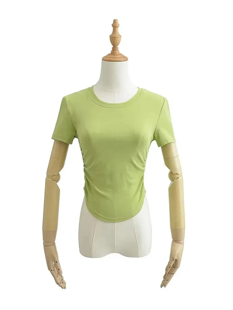 Women's Crew Neck Short Sleeve Cotton Tee With Ruched Sides New Fashion T-Shirts