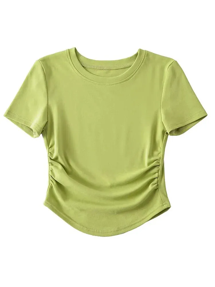 Women's Crew Neck Short Sleeve Cotton Tee With Ruched Sides New Fashion T-Shirts