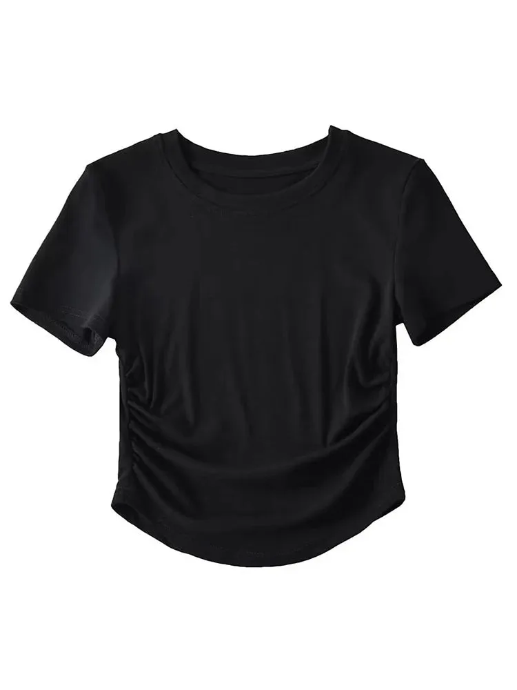 Women's Crew Neck Short Sleeve Cotton Tee With Ruched Sides New Fashion T-Shirts