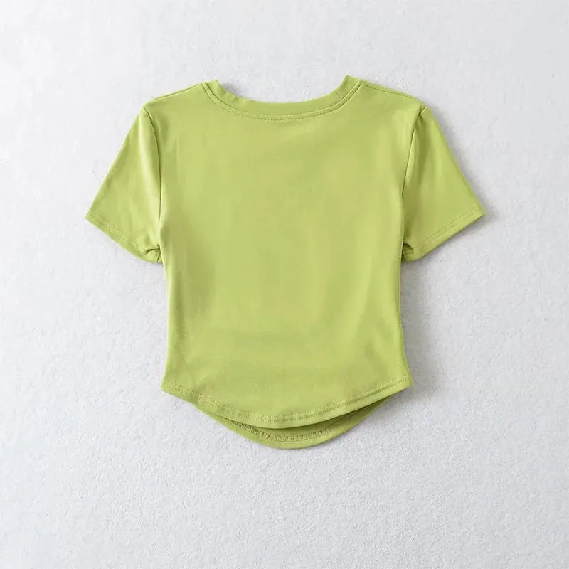 Women's Crew Neck Short Sleeve Cotton Tee With Ruched Sides New Fashion T-Shirts