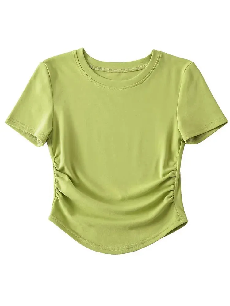Women's Crew Neck Short Sleeve Cotton Tee With Ruched Sides New Fashion T-Shirts