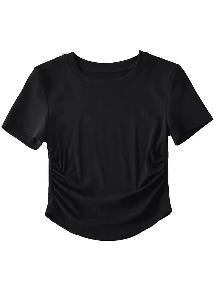 Women's Crew Neck Short Sleeve Cotton Tee With Ruched Sides New Fashion T-Shirts