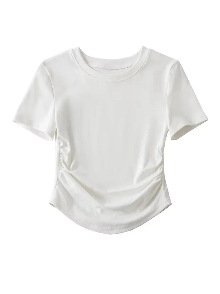 Women's Crew Neck Short Sleeve Cotton Tee With Ruched Sides New Fashion T-Shirts