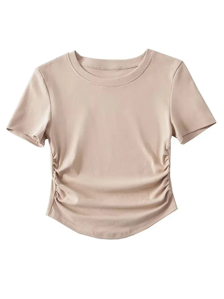 Women's Crew Neck Short Sleeve Cotton Tee With Ruched Sides New Fashion T-Shirts