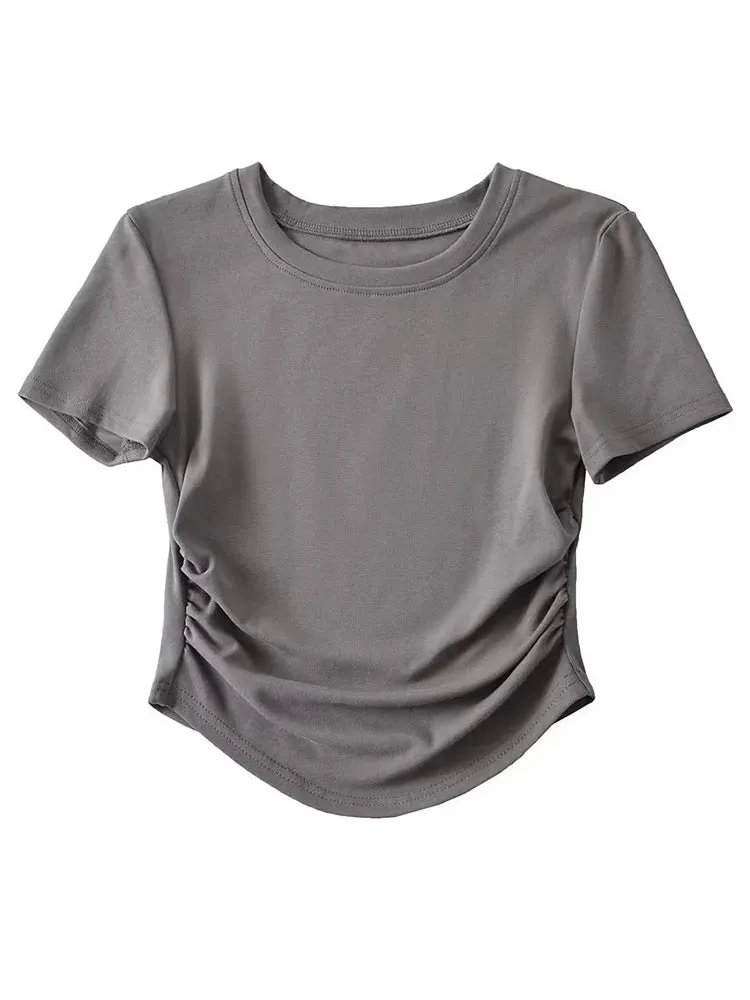 Women's Crew Neck Short Sleeve Cotton Tee With Ruched Sides New Fashion T-Shirts