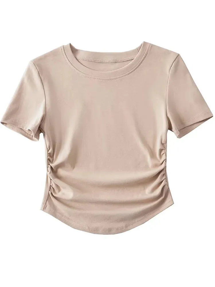 Women's Crew Neck Short Sleeve Cotton Tee With Ruched Sides New Fashion T-Shirts