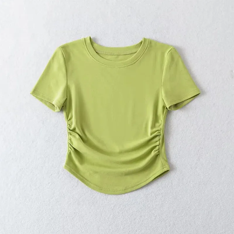 Women's Crew Neck Short Sleeve Cotton Tee With Ruched Sides New Fashion T-Shirts